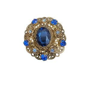 Germany Vintage Filigree Blue Rhinestone Brooch